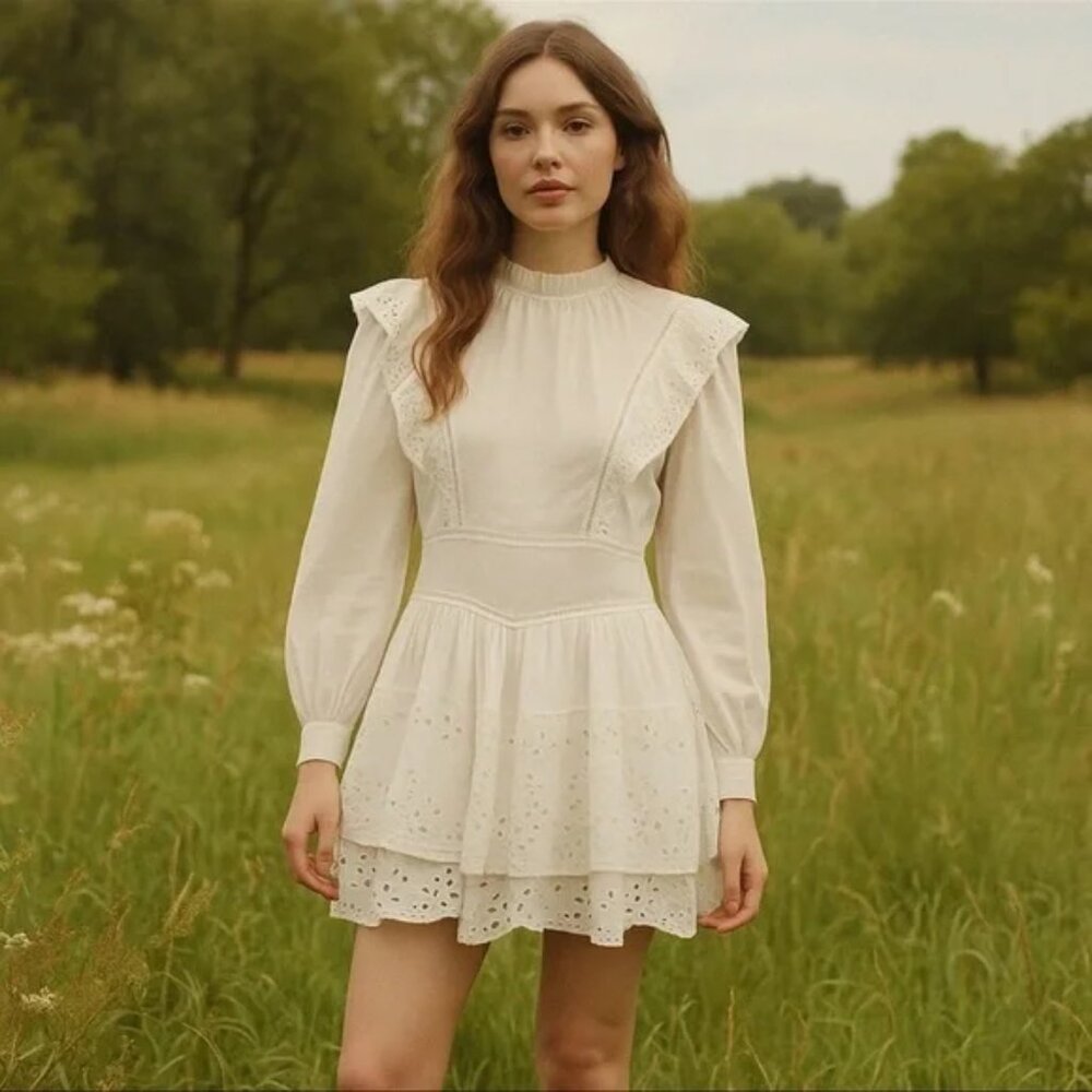 AllSaints Aislyn Broiderie White eyelet Dainty Victorian cotton mini Dress 8